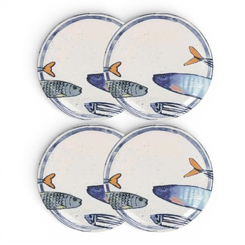 Teller im mediterranen Design mit Sardinen-Motiv 2.0 | Maritime Speiseteller, Suppenteller, Dessertteller, Servierplatten, Bowls - robust, Steinzeug, glattes Finish (4er Set Speiseteller (26 cm))