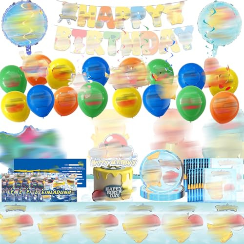 Décoration d'anniversaire dessin animé, 73 Article Décorations fête, Comprend bannière,Décoration gâteau, Ballons, Nappe, Serviette papier, Assiette, Carte d'invitation,Figurines suspendues