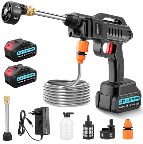21V Idropulitrice Senza Fili, Pistola Portatile ad Alta Pressione, Idropulitrice a Batteria 100 Bar con 2 Batterie 3000mAh, 6 in 1, Tubo 5m, per Auto Balcone Garage