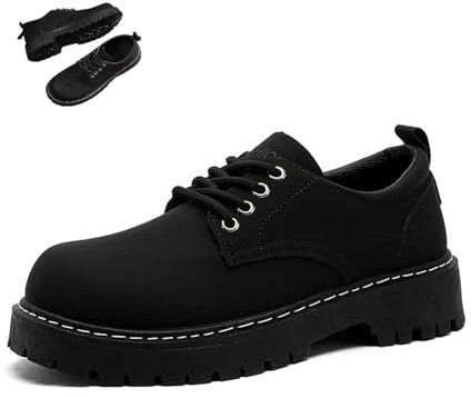 Zapatos de vestir para hombre de piel negra, zapatos de vestir clásicos con punta redonda con cordones y tacón grueso, estilo retro, de cabeza grande, zapatos de trabajo informales, Negro , 42 EU