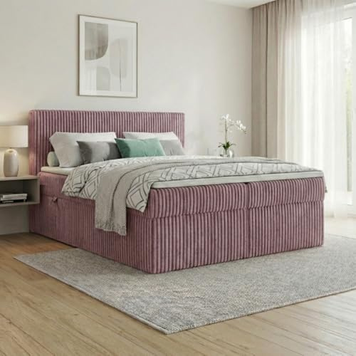 A&J MöbelLand Boxspringbett RALF 140x200 mit Bettkasten und Topper – Bonellmatratze H2 – Stauraum in Rosa