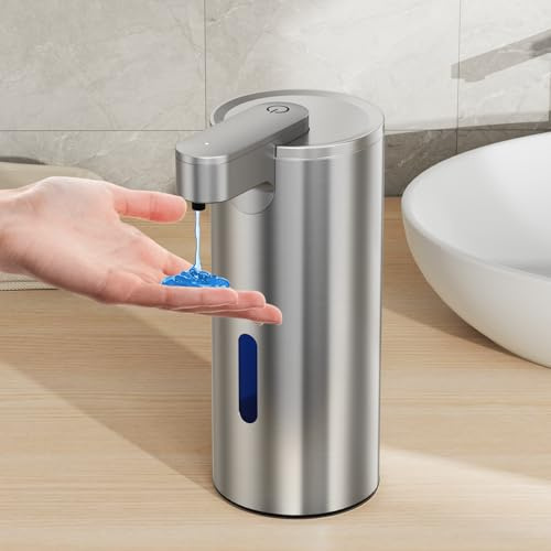 Automatic Soap Dispenser, Brushed Stainless Steel, Touchless, 340 ml Electric Soap Dispenser with Sensor, USB Rechargeable for Bathroom, Kitchen