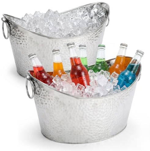 EVOKK 33L Pack of 2 Silver Stainless Steel Ice Bucket with Hemp Rope Handles – Large DrinksChampagne Cooler Tub for Drinks, Parties, BBQs, Home Bars Outdoor Use