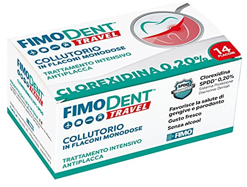 Fimodent Travel Collutorio - Clorexidina 0.20% con SPDD (Sistema Protezione Discromie Dentali) e gradevole gusto menta - Trattamento antiplacca e antibatterico prolungato - 14 monodose da 10mL