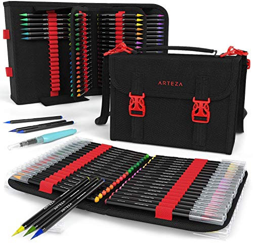 ARTEZA Aquarell-Pinselstifte, Set mit 96 hochwertigen Fasermalern auf Wasserbasis, enthält Wassertankpinsel, praktische Aufbewahrungstasche mit 108 Halteschlaufen, zum Mitnehmen und Malen