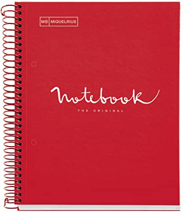 Miquelrius - Notizbuch A5 Notebook Emotions, 120 Blatt 90 g/m², Raster 5 x 5 mm, 5 Farbige Streifen, Mikroperforierte Spirale, Extra fester Einband, 2 Löcher, Farbe Rot