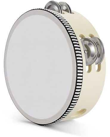Flexzion Tamburin, Handtrommel mit Handgriff - 15cm, Schellenkranz in Mond-Form aus Holz, Musik Schlaginstrument, zweireihige Schellenring mit 8 Paar Metall Schellen, für KTV & Party, Beige