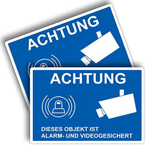 2 Stück Achtung dieses Objekt ist Alarm und Videogesicht Schild 20 x 30 cm aus stabiler PVC Hartschaumplatte 3mm dieser Bereich wird videoüberwacht mit UV-Schutz von STROBO