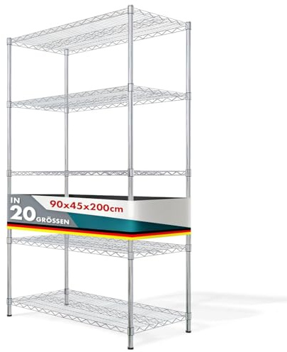 Floordirekt Scaffale a griglia dell'Himalaya, in metallo, portata circa 150 kg per ripiano, sistema di scaffalatura multifunzionale, cromato (90 x 45 x 200 cm, 5 ripiani)