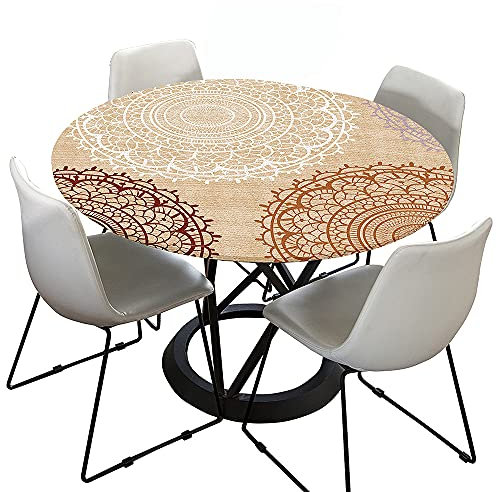 Morbuy Tischdecke Outdoor Rund 150 cm, Elastisch Rund Abwaschbar Tischdecken Wasserabweisend Lotuseffekt Garten Tischdecke Beige Mandala Table Cloth, Ideal für 130cm-140cm