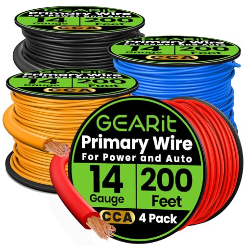 GEARit Cavo calibro 14 (61 m ciascuno, nero/rosso/blu/giallo) in alluminio rivestito in rame CCA, cavo principale per batteria di alimentazione/messa a terra automobilistica, audio auto, cablaggio per