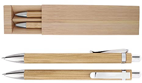 Natürliches Set aus Bambuskugelschreiber und Mikrobleistift in einer Pappschachtel mit Muster aus furniertem Bambus,umweltfreundlich,Bambusstift,Druckbleistift,Pappschachtel,Linie 0,7 mm,blaue Tinte