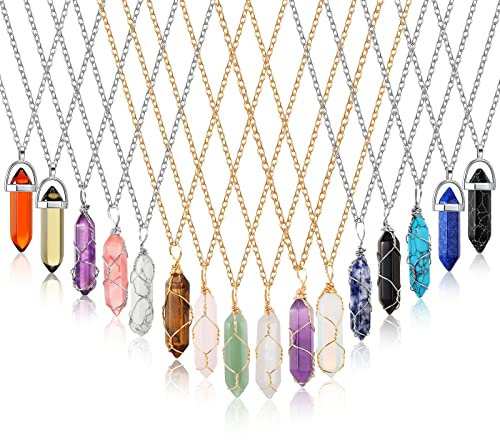 16 Pcs Healing Crystal Stone Necklaces Hexagonal Gemstone Pendant Necklace Full Wire Wrap Crystal Necklace Spiritual Jewelry Amethyst with Silver Gold Chains for Women, crystal, metal, crystal, metal