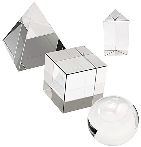 4 Pack K9 Optical Crystal Photography Prism Set with,Include 50mm Crystal Cube,50mm Glass Triangular Prism, 55mm Crystal Ball, 60mm Optical PyramidFor physics teaching, games and photography