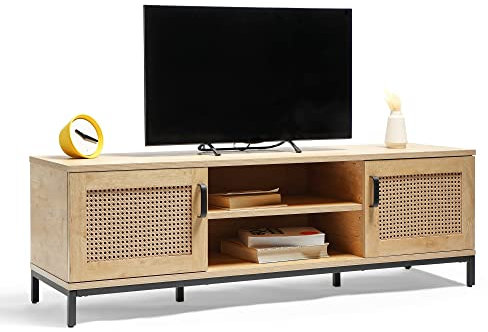 VonHaus Rattan TV Unit - Light Wood Effect TV Stand Cabinet - For TV's up to 60 - Industrial Scandi Style Entertainment Unit with 2 Storage Cupboards & Open Shelves - For Living Room - Lena