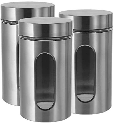 for friends Vorratsdosen Sichtfenster rund Edelstahl Silber Glas-Ausschnitt, 3er Set ⌀ 10 cm & Höhe 18 cm, Vorratsbehälter Küche mit Deckel, Aufbewahrungsbehälter für Lebensmittel