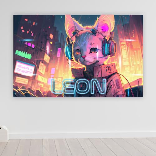 timalo® Robustes Gamerposter mit Namen personalisiert | Coole Gaming Wanddeko mit Gamer Bild für die Wand | Deko Poster XXL Wandbild | Cyborg Katze in punk cyber Stadt mit Neon Schift | Motiv 45