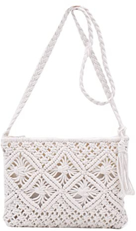 TeeYee Damen Exotisch Geflochtene Umhängetasche Strandtasche Retro Handtasche mit Quaste für Freizeit Urlaub weiß