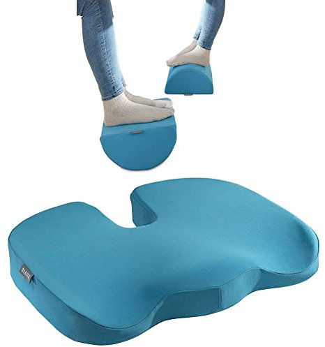 Set Leitz Schreibtisch-Fußstütze + Sitzkissen, ideal im Home Office, reduzieren Nacken- & Rückenschmerzen, Stoffbezug, IGR-zertifiziert, Ergo Cosy Serie, Sanftes Blau, 53710061 + 52840061