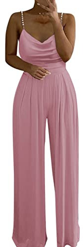 Einfarbiger Jumpsuit für Damen, elegant, Sommer, Perlen, Spaghettiträger, schulterfrei, Overall mit weitem Bein, rose, 36