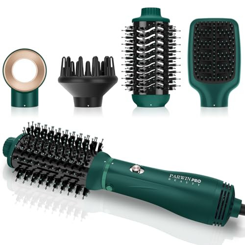 4 IN 1 Warmluftbürste Set, PARWIN PRO BEAUTY Styler-Set, Haartrockner Föhnbürste Lockenbürste mit 4 Aufsätze zum Trocknen, Glätten, Volumen und Stylen, Ionen Pflege (Grün)