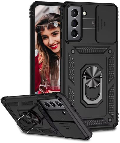 POUHYE Handyhülle für Samsung Galaxy S21 FE 5G Hülle, [Slide Camera] Hybrid Militärqualität Stoßfest Bumper Outdoor Handyhülle mit 360° Drehbarer Metall Ring Ständer Schutzhülle Case Schwarz