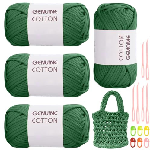 RANJIMA Grün Garn, 4 Stück Einfach Garn, Häkelgarn für Anfänger, Gut Sichtbare Maschen Garns Zum Häkeln mit Häkelzubehör, Baumwoll-Nylon-Garns für Kleidung, Decken, Taschen, Pullover