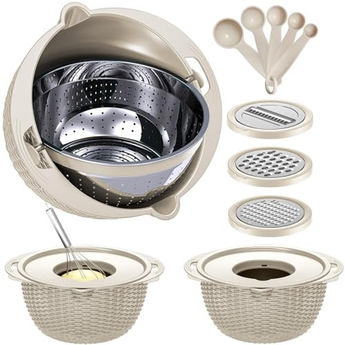 Ensemble 4-1 passoire avec bol – Passoire rotative avec cuillères à mesurer – Passoire à fruits, passoires alimentaires et passoires cadeaux amusants pour femme, gadgets de cuisine esthétiques – Beige