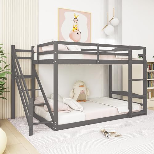 RCBDBSM Etagenbett für Kinder, 90x200cm Stockbett, Niedriges Kinderbett mit Rausfallschutz, Massivholz Spielbett mit Links und rechts Leiter, Hochbett mit Lattenrost, Ohne Matratze