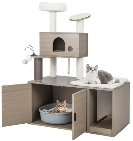 GYMAX Cat Tree with Litter Box Enclosure, All-in-one Cat Tower with Condos, Top Perch, Sisal Posts, Scratching Board, Ramp, Platform & Dangling Balls, Wooden Cat House Furniture (95x55x132cm)