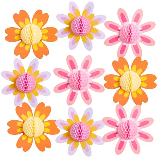 Easy Joy 9PCS Daisy Paper Flower Decorations Pink Orange Flower Tissue Pom Pom Flower 3D Honeycomb Party Decor for Summer Sun Garden Party Daisy Baby Shower Decorations