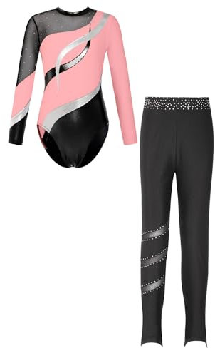 iiniim Mädchen Turnanzug Langarm Gymnastikanzug mit Hose Eiskunstlauf Body Ballett Trikotanzug Gymnastik Leotard Wettbewerb Tanzkostüm A Rosa 146-152