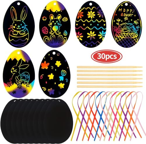 DERAYEE Ostern Kratzbilder,30 stück Kratzbilder Kratzmalerei mit 30 farbige Bänder Scratz Paiting mit 6Holzstifte,Graffiti Kreatives Geschenk für Kinder und Erwachsene