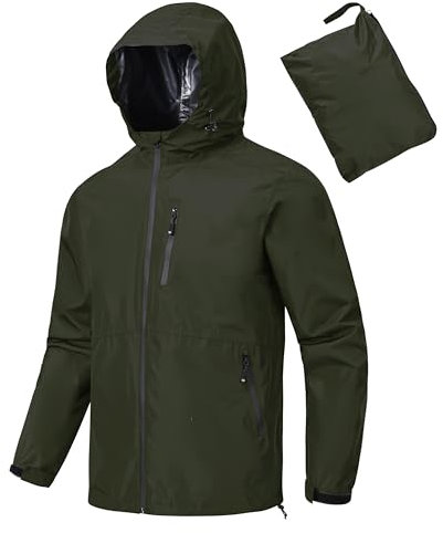 MoFiz Homme Vestes Imperméables Veste de pluie Pliable Légère Vêtements Imperméable Coupe-vent for Cyclisme Plein air Voyage Randonnée Course à pied Vert armée Taille EU 3XL