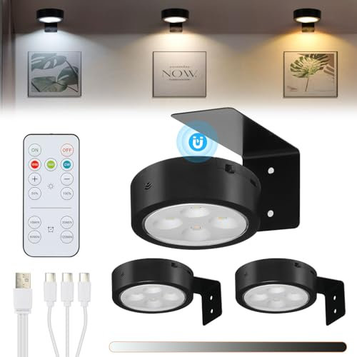 Lightsjoy 3 Pack Battery Operated Picture Lights for Wall - 3 Colors Rechargeable Wireless Frame Light With Dimmer, Timer, Remote Control - Art Lights for Painting, Black