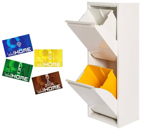 WELL HOME - Cubo de basura y reciclaje Metálico de 2 compartimentos + 4 etiquetas magnéticas, 2x17L (34L) Blanco mate