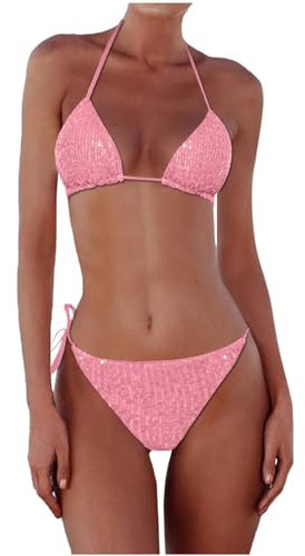 Bikini-Sets für Damen Sexy String Bikini Pailletten Neckholder Bikini High Waist Triangel Bikini Tanga Push Up Zweiteilige Badeanzug Bauchweg Bikini Oberteil Sommer Einfarbig Sport Bikini Set