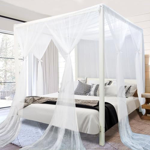 South to East Weiß Betthimmel-Vorhänge, 4 Ecke, Bettüberdachung, Elegante Bettvorhänge für Schlafzimmer-Dekor, 75D-Polyester-Netz, 4 Öffnungen, einfache Installation, Bettvorhang