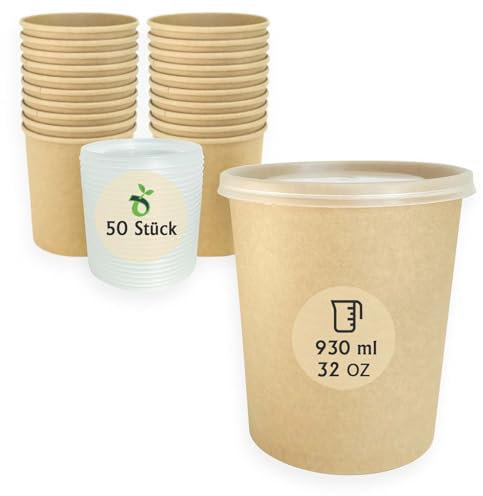 ECOPICNIC 50 Stück Einweg Suppenbecher mit Polypropylene Deckel, PP| 930 ml braun, 32 oz Eisbecher, Suppen-Becher to Go, nachhaltige Pappbecher mit PE Innenbeschichtung für heiße Speisen