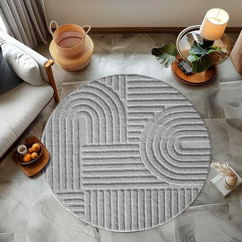 HomebyHome Kurzflor Teppich 80 cm Rund Silber - Hoch-Tief 3D Effekt, Waschbar, Flauschig und Extra Weich - Skandinavisch Boho Muster für Wohnzimmer, Schlafzimmer, Esszimmer und Küche