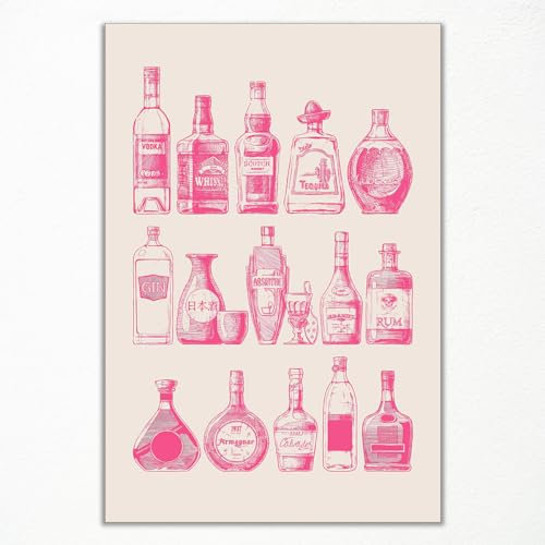 Xianyojafa Pink Bar Cart Wall Art, Coquette Trendy Alcohol Bottles Poster, Girly Aesthetic Bar Cart Art Canvas, Funky Cocktail Wiskey Art Picture, College Dorm Apartment Decor 12x16in Unframed