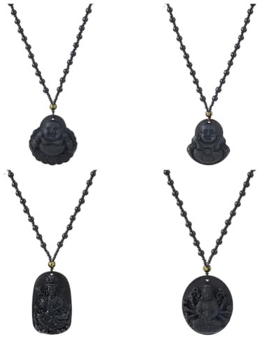 Hobbspring 4 Stile Halsketten Mit Anhänger „Lachender Buddha“ Guan Yin Halskette Schwarzes Amulett Schutz Anhänger Feng Shui Perlenkette Glaskette Booda Halskette Glückskette Für Männer Und Frauen