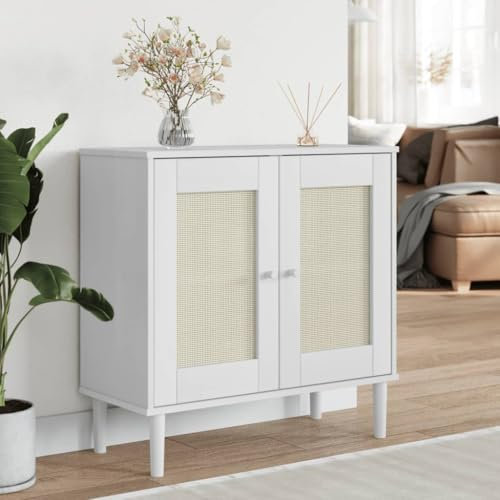 JUDYY Sideboard SENJA Rattan-Optik Weiß 80x35x80 cm Kiefernholz, Kommode Schlafzimmer, Wohnzimmerschrank, Flur Kommode, Zimmer Möbel - 358032