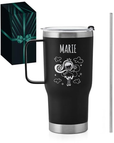 Maverton Mug Isotherme Noir 600 ml en Acier Inoxydable avec Brosse de Nettoyage - Gobelet avec Paille et Couvercle gravé - Cadeau Anniversaire Femme - Idee Cadeau Femme fee