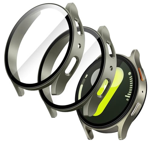 JETech Funda con Protector Pantalla para Samsung Galaxy Watch 7 44mm, Carcasa Protección General, Cristal Vidrio Templado Incorporado Alta Sensibilidad, 2 Unidades (Verde)
