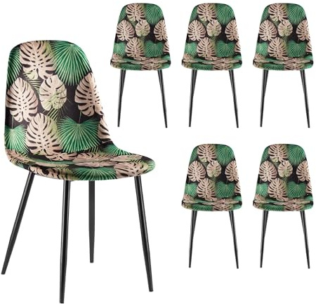 VonHaus Dining Chairs Set of 6 - Tropical Palm Leaf Print Kitchen Chairs with Sturdy Black Metal Legs - Upholstered Cord Effect for Dining Room & Kitchen - Padded Backrest & Seat - Leighton