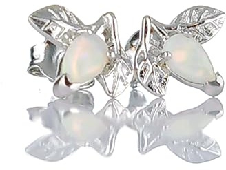 Sterling Silver Leaf Stud Earrings with Australian Opal, 5 x 3mm