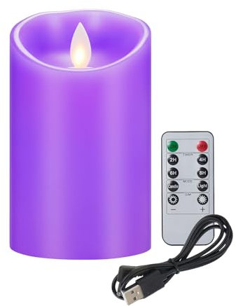 Koelaa Rechargeable LED Candle, Purple, Modern, Wax, 7.5cm*10cm, True Wax Flameless Candle with Remote Control and Timer, Safe, Eco-friendly, Perfect for Home Decoration