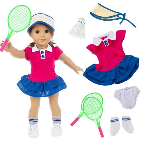 Xerteam Sport Puppenkleidung für 36-43cm Puppen, 7 Teilig Neu Kleidung Puppe Zubehör, 1 Sport Kleider 2 Schläger 1 Badminton 1 Sonnenhut 1 Unterwäsche 1 Paar Socken, Puppengewand Geschenk für Kinder