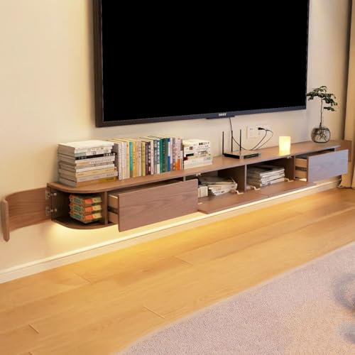 zaqiming Floating tv unit wall mounted, TV console floating shelf, Solid Wood Floating TV Stand for Living Room and Office